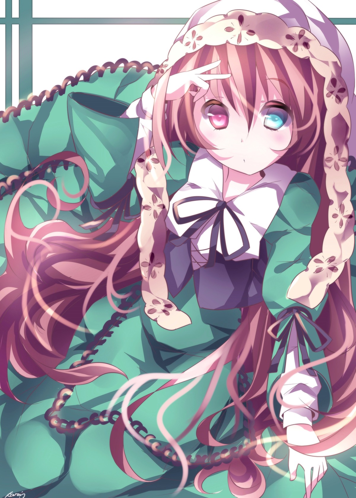 1girl absurdres bad_id bad_pixiv_id brown_hair dress frills green_dress green_eyes head_scarf heterochromia highres image long_hair long_sleeves looking_at_viewer photoshop_(medium) red_eyes ribbon rozen_maiden saijou_karin solo suiseiseki very_long_hair