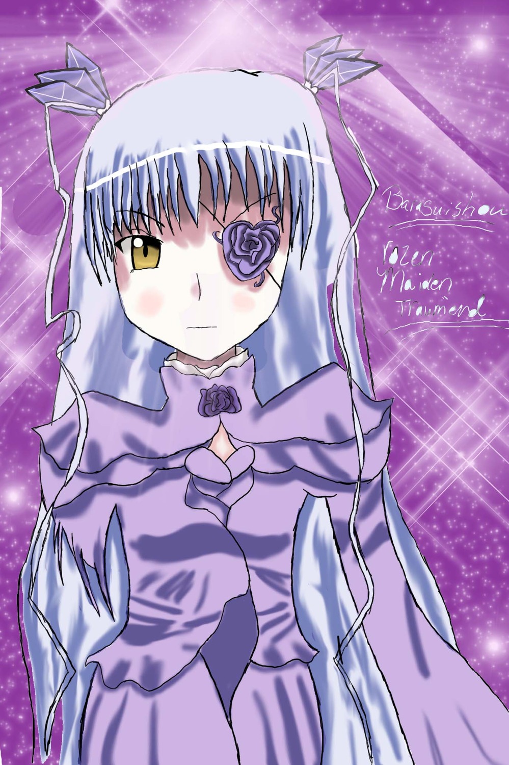 1girl barasuishou dress flower image long_hair long_sleeves looking_at_viewer purple_background purple_theme ribbon rose solo sparkle