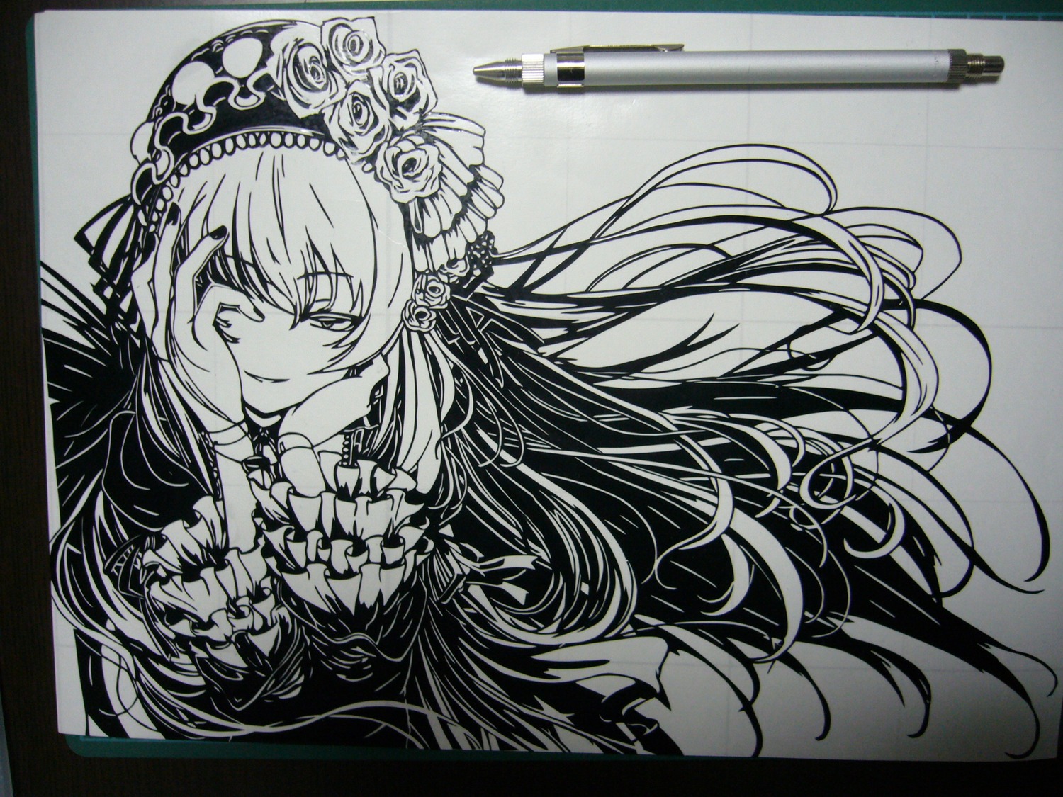 1girl closed_mouth dress floating_hair flower frills greyscale hairband hands_on_own_cheeks hands_on_own_face image long_hair long_sleeves looking_at_viewer monochrome rose shikishi smile solo suigintou traditional_media upper_body