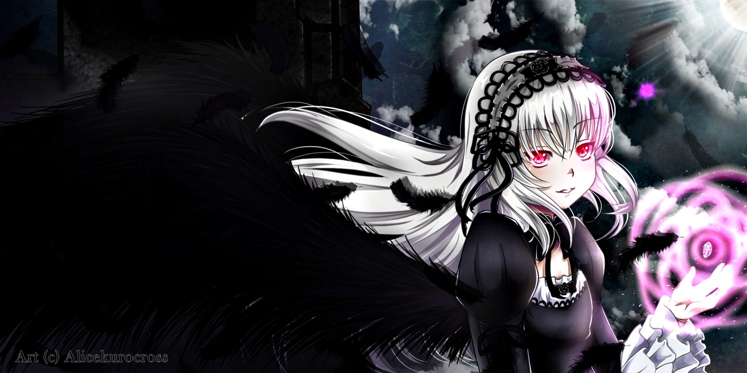 1girl black_dress black_wings dress flower frills hairband image long_hair long_sleeves looking_at_viewer moon night red_eyes silver_hair smile solo suigintou very_long_hair wings