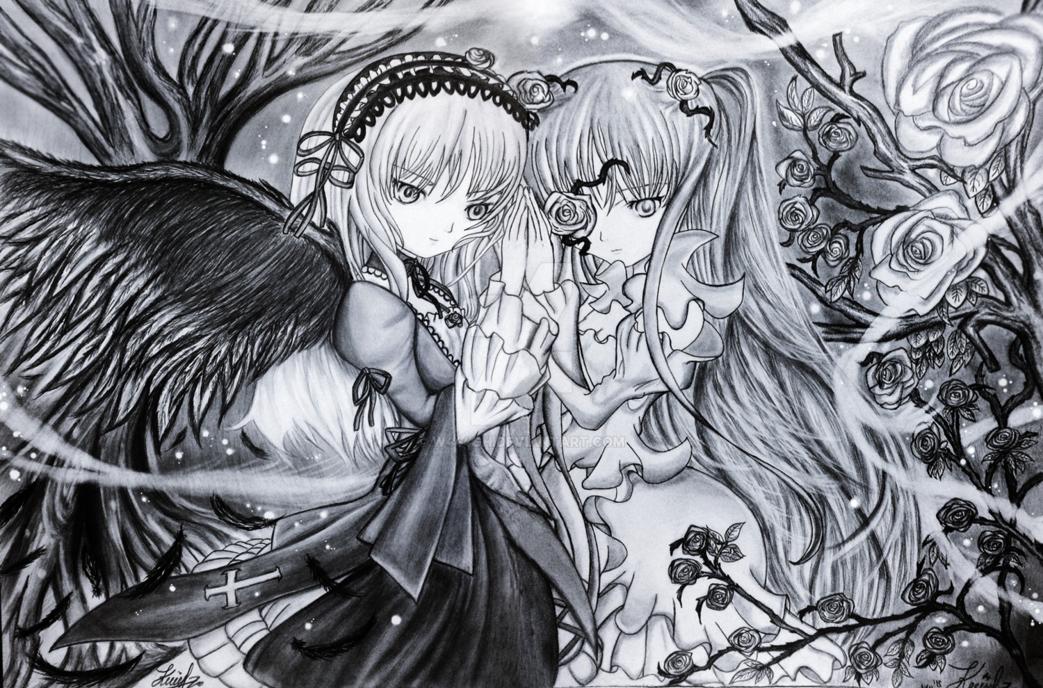 2girls black_wings dress flower frills greyscale hairband holding_hands image kirakishou long_hair long_sleeves looking_at_viewer monochrome multiple_girls pair ribbon rose suigintou traditional_media very_long_hair wings