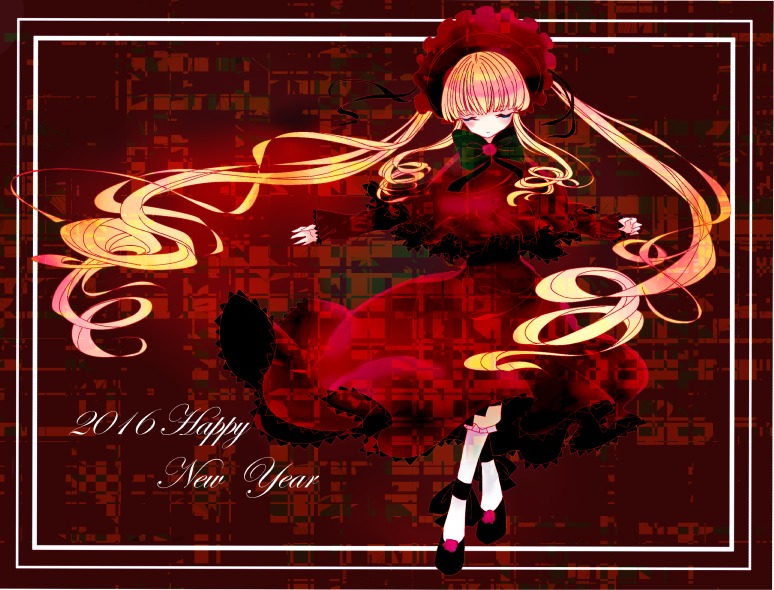 1girl blonde_hair blue_eyes bonnet bow dress full_body image long_hair long_sleeves looking_at_viewer red_dress shinku shoes solo standing twintails very_long_hair white_legwear