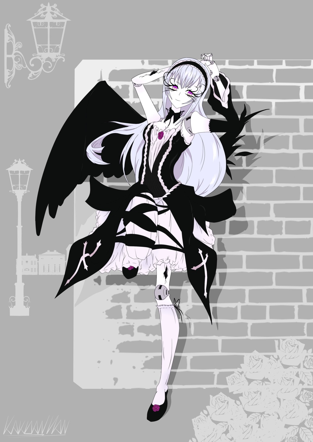 1girl bow dress flower hairband image long_hair smile solo suigintou thighhighs wings