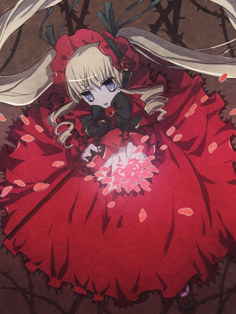 1girl blonde_hair blue_eyes bow dress flower frills image long_hair long_sleeves petals red_dress rose rose_petals shinku shoes solo twintails