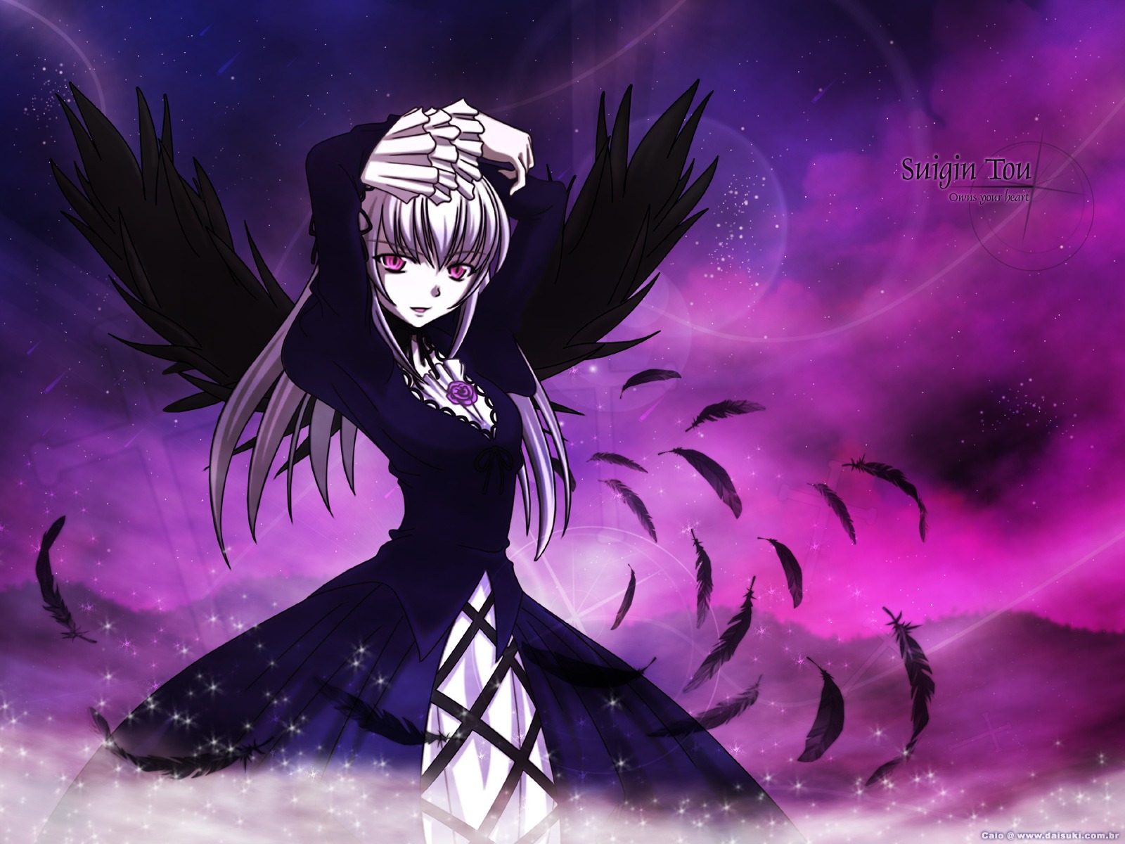 1girl arms_up auto_tagged bird black_feathers black_wings dress feathered_wings feathers frills image long_hair long_sleeves night night_sky purple_eyes shooting_star sky solo star_(sky) starry_sky suigintou white_feathers wings