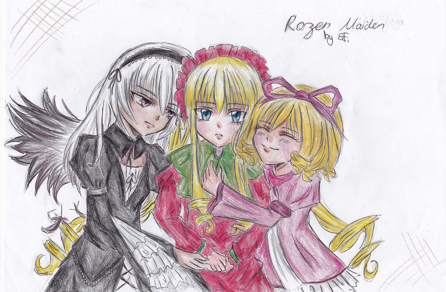 3girls blonde_hair blue_eyes blush bow closed_eyes dress drill_hair hug image long_hair long_sleeves looking_at_viewer multiple multiple_girls red_dress shinku silver_hair smile suigintou tagme tears traditional_media twin_drills wings