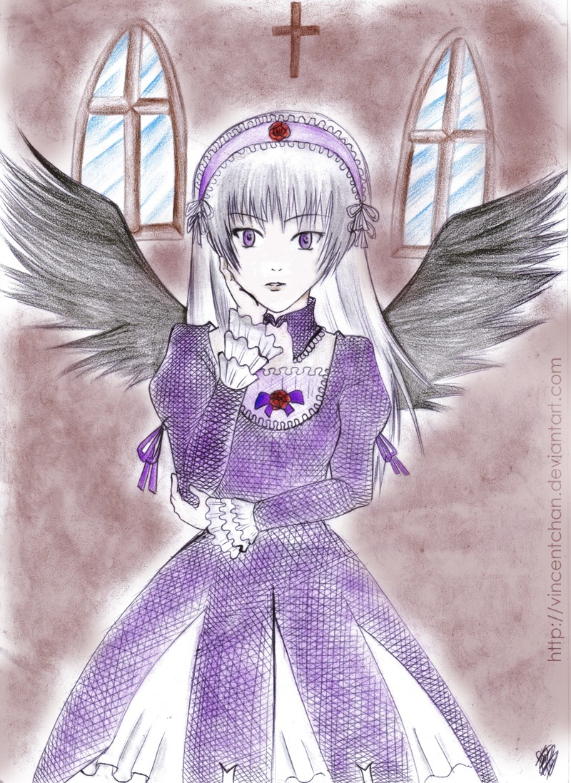 1girl black_wings detached_collar dress flower frills hairband image long_hair long_sleeves looking_at_viewer purple_eyes ribbon solo suigintou wings