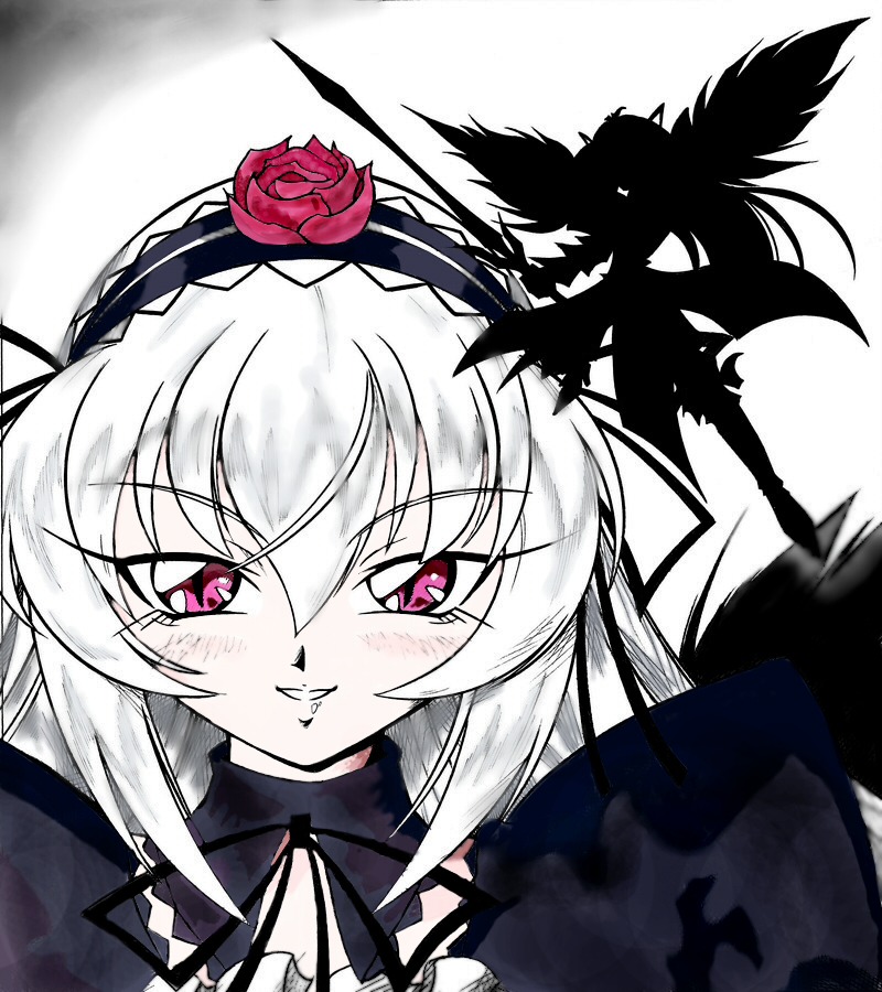1girl auto_tagged blush dress eyebrows_visible_through_hair flower grin hairband image long_hair looking_at_viewer pink_eyes red_flower red_rose rose smile solo suigintou thorns white_hair