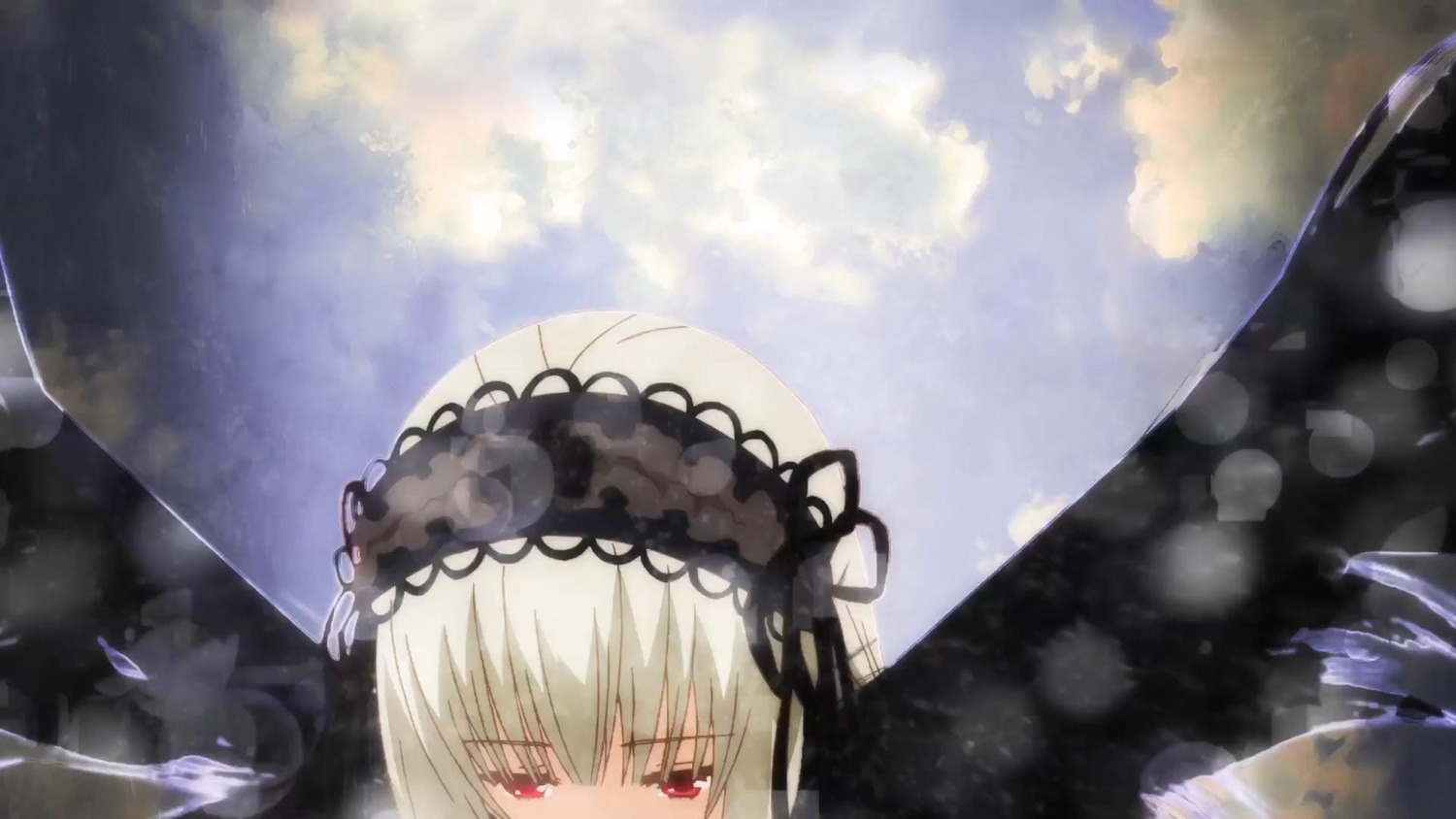 1girl bangs cloud cloudy_sky dress eyebrows_visible_through_hair hairband image looking_at_viewer outdoors red_eyes silver_hair sky solo suigintou