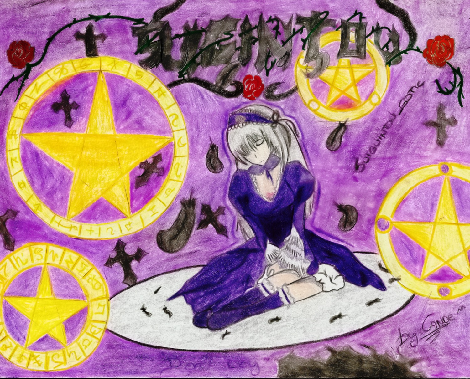 1girl crescent_moon dress flower image moon purple_flower purple_rose rose sitting solo star_(symbol) suigintou