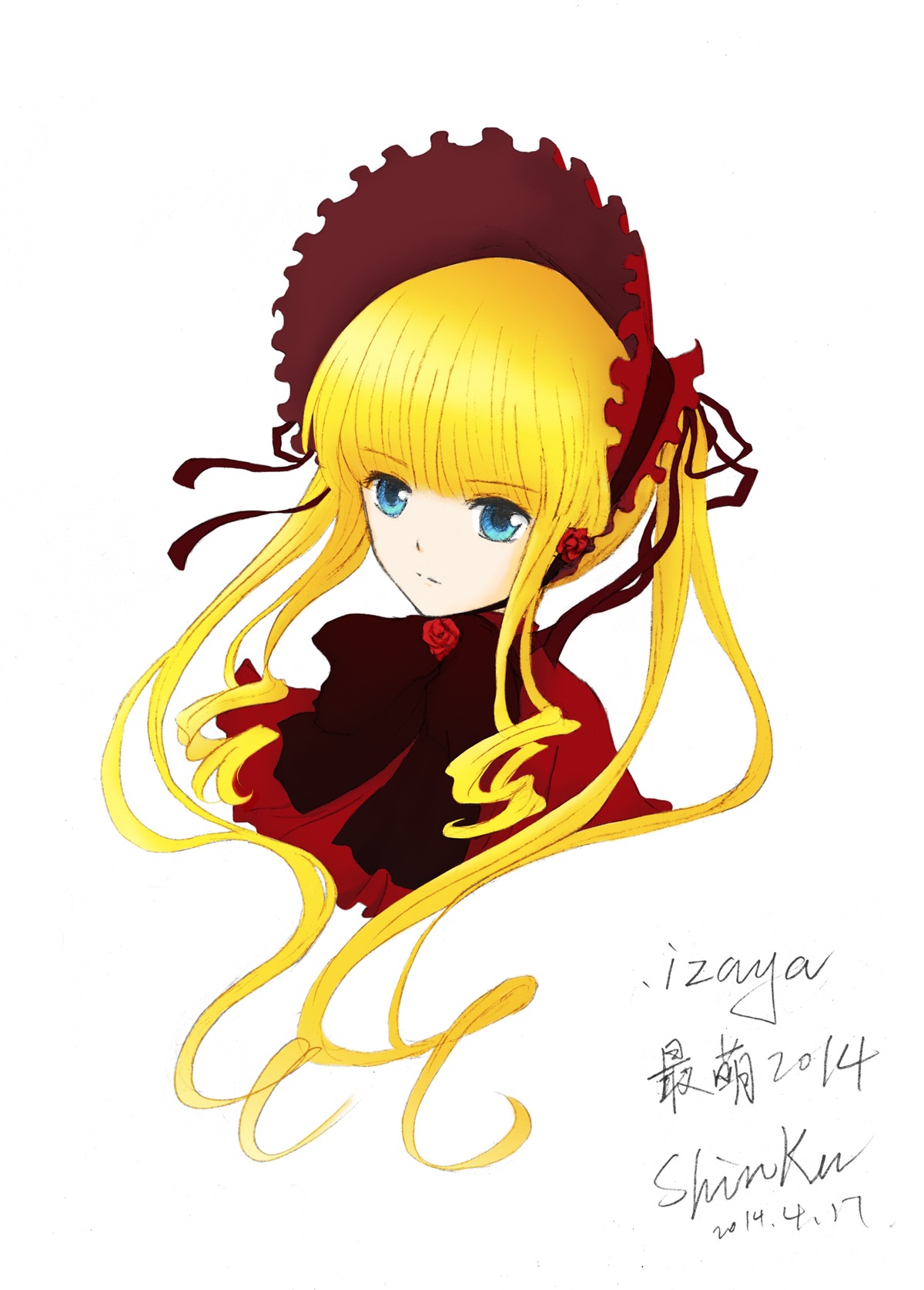 1girl blonde_hair blue_eyes bonnet bow dress flower image long_hair looking_at_viewer rose shinku simple_background solo twintails white_background