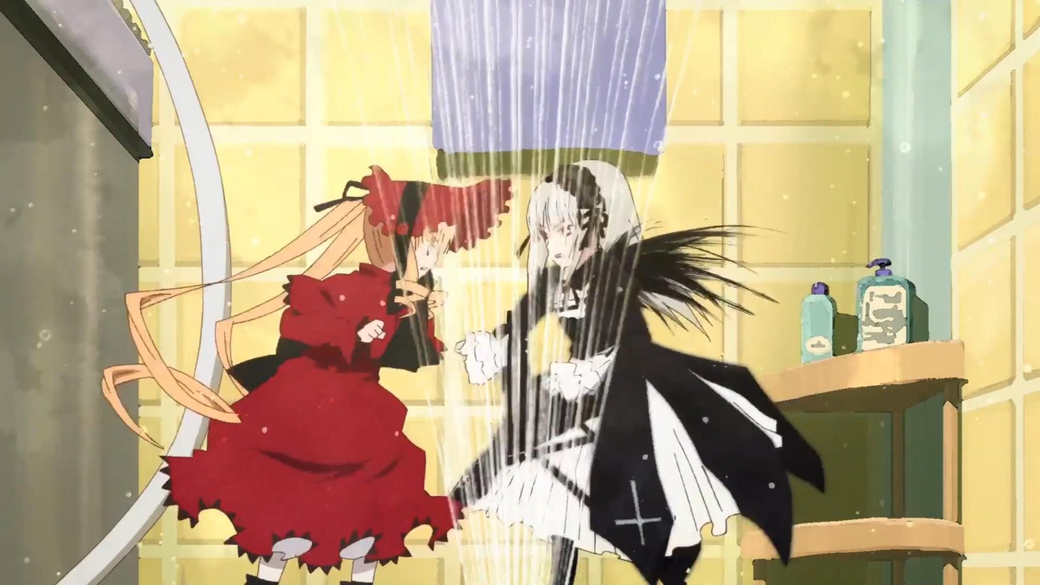 2girls cross curtains dress image long_hair multiple_girls pair shinku standing suigintou torn_clothes very_long_hair white_hair window