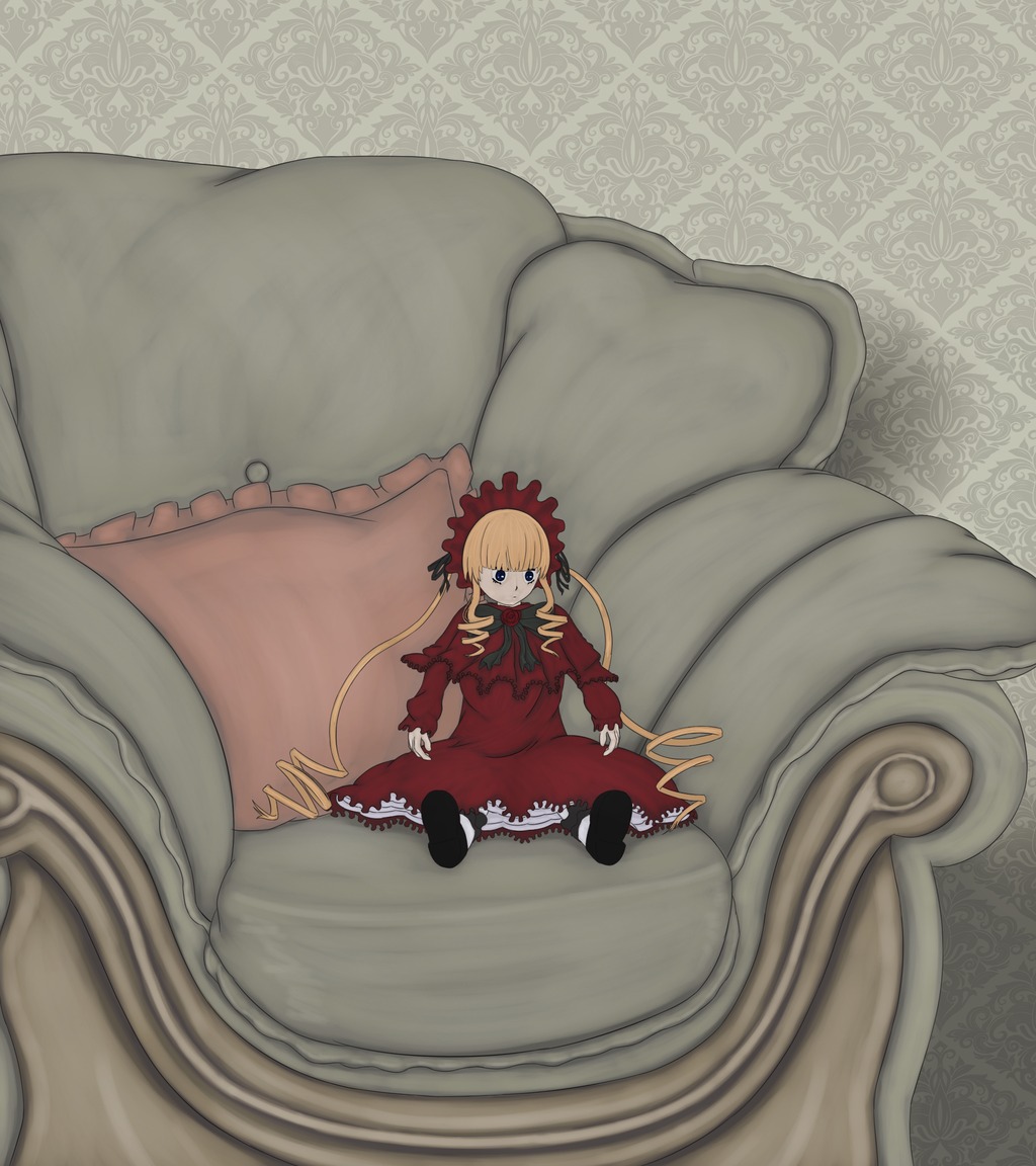 1girl blonde_hair blue_eyes bonnet bow dress frills image long_hair long_sleeves looking_at_viewer minigirl red_dress shinku sitting solo teacup twintails