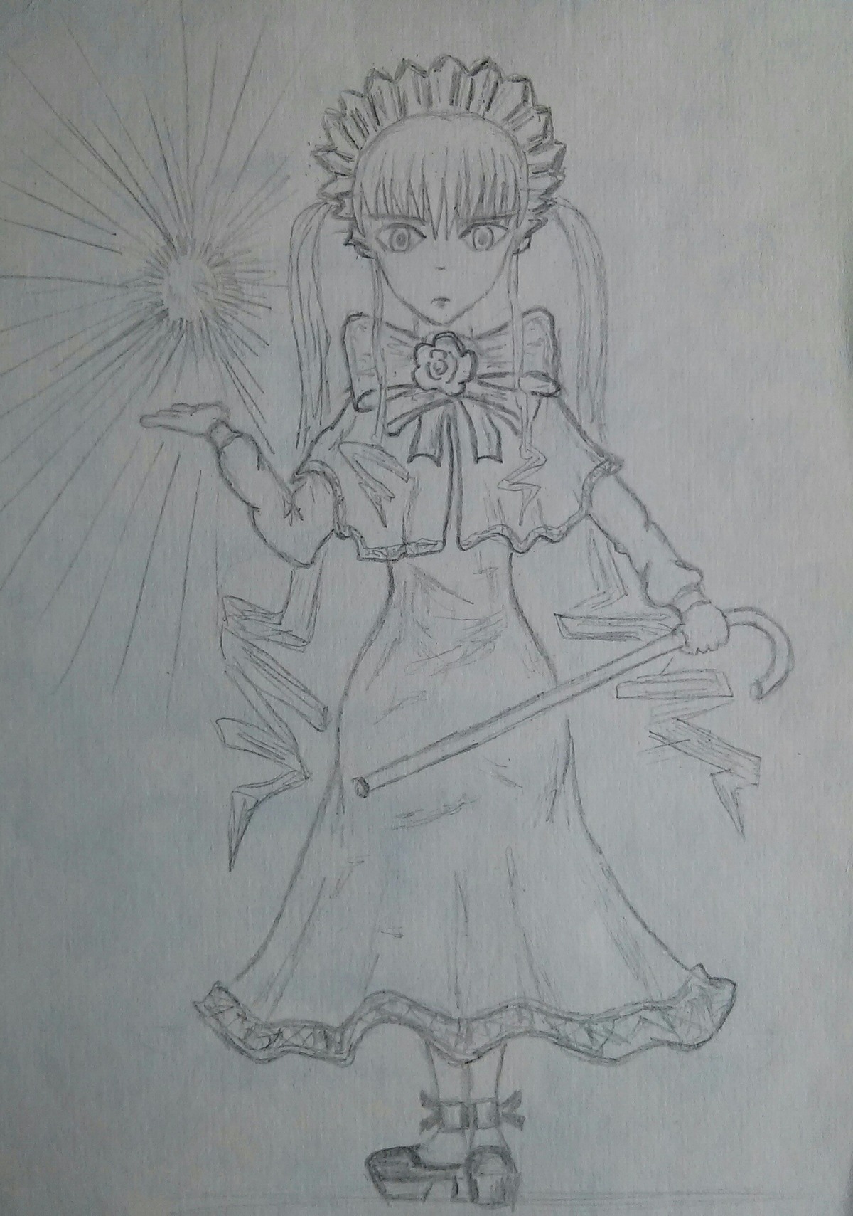 1girl bowtie dress full_body holding image long_hair long_sleeves looking_at_viewer monochrome shinku sketch solo standing traditional_media twintails