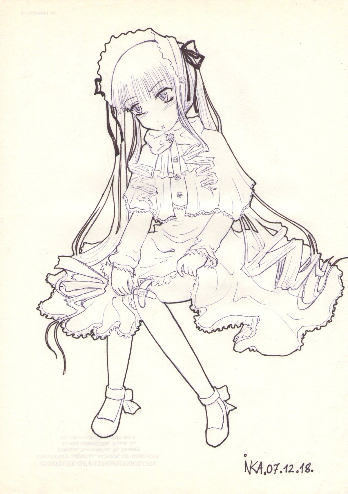 1girl dress frills full_body image long_hair long_sleeves looking_at_viewer monochrome ribbon shinku sitting solo twintails very_long_hair