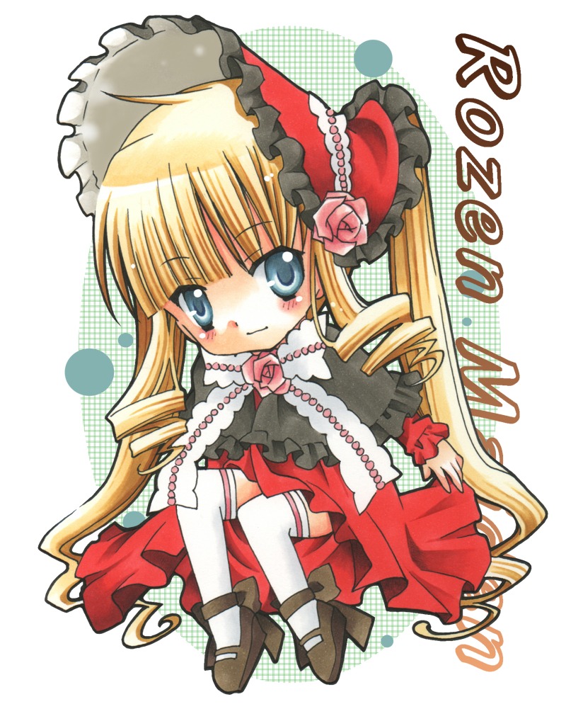 1girl blonde_hair blue_eyes blush bonnet bow dress drill_hair flower image long_hair long_sleeves pink_flower pink_rose rose shinku shoes sitting solo thighhighs twin_drills twintails very_long_hair white_legwear