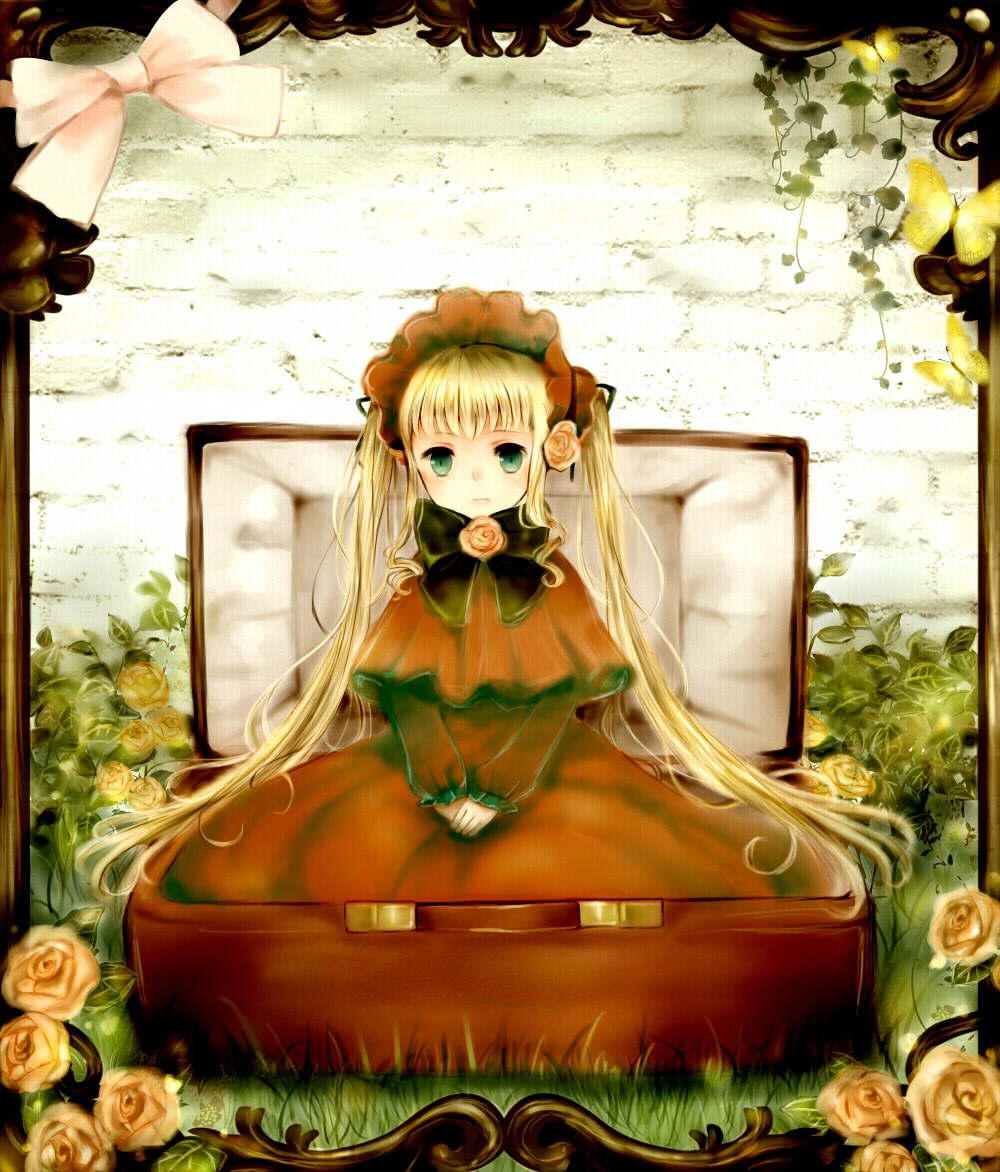 1girl blonde_hair blue_rose bonnet bow dress flower green_bow image long_hair looking_at_viewer pink_flower pink_rose purple_rose red_dress rose shinku sitting solo twintails very_long_hair white_flower white_rose yellow_flower yellow_rose
