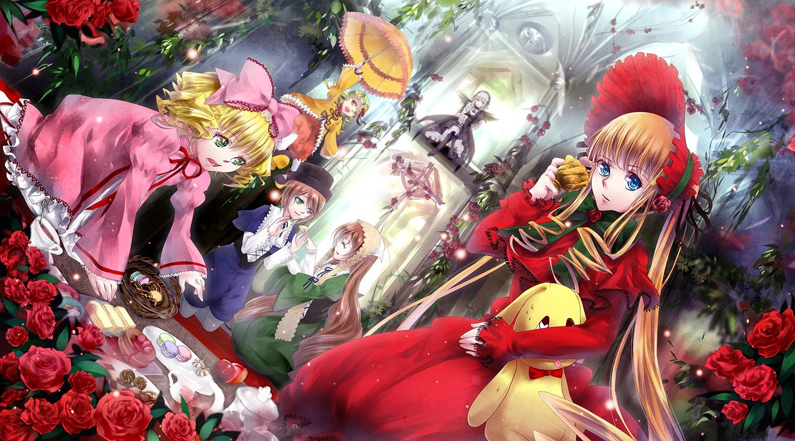 blonde_hair blue_eyes bonnet bow brown_hair cup dress drill_hair flower green_dress hat hina_ichigo image kanaria long_hair long_sleeves multiple multiple_girls parasol petals pink_bow pink_flower pink_rose rainbow red_flower red_rose rose rose_petals shared_umbrella shinku souseiseki suigintou suiseiseki tagme teacup twintails umbrella very_long_hair watering_can yellow_rose