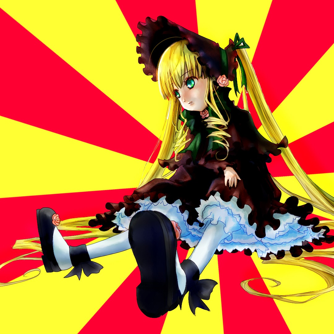 1girl blonde_hair blue_eyes bonnet bow dress drill_hair frills full_body image long_hair long_sleeves looking_at_viewer shinku sitting solo twintails very_long_hair white_legwear yellow_background