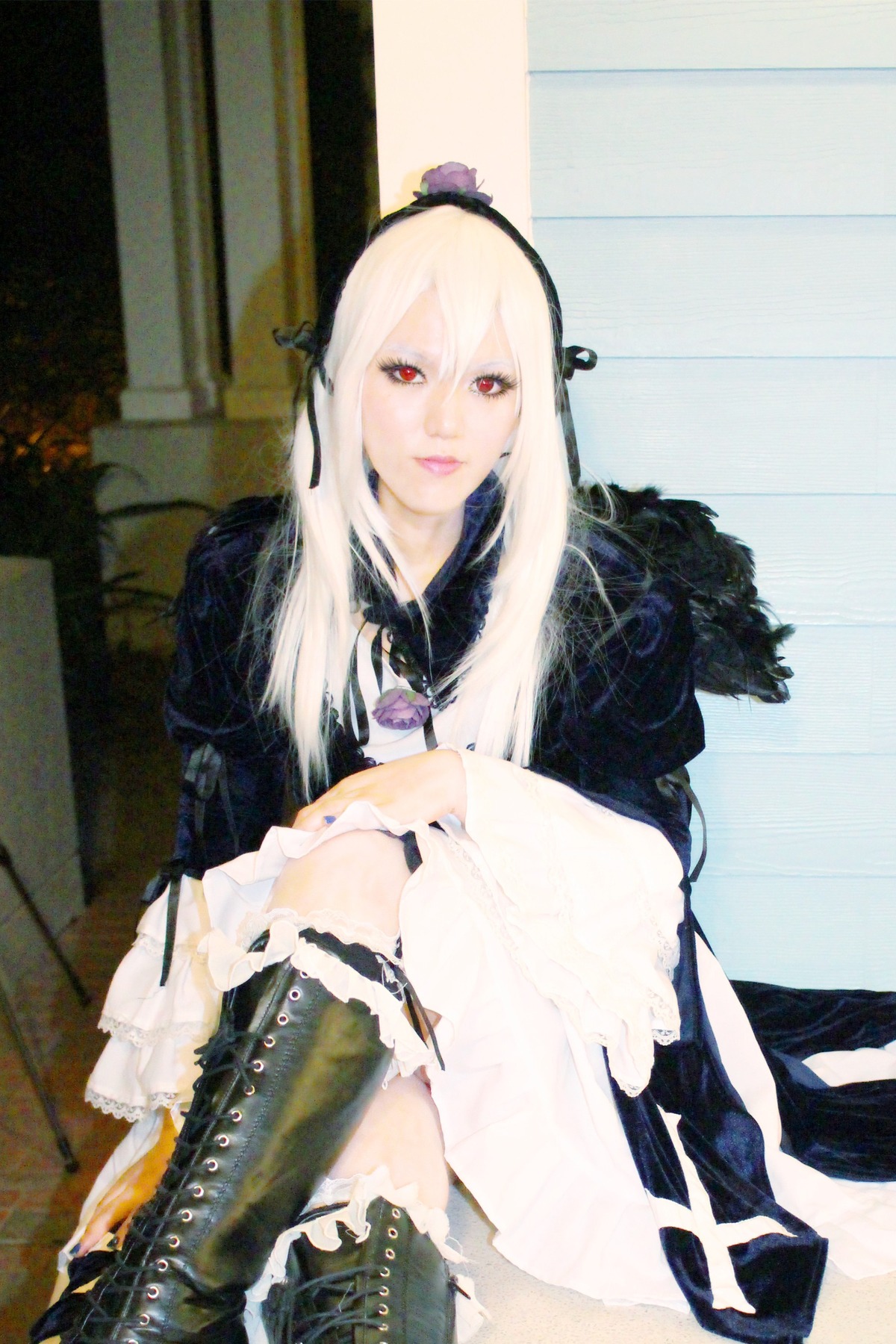 1girl 3d boots fur_trim hairband lips long_hair looking_at_viewer photo red_eyes sitting solo suigintou