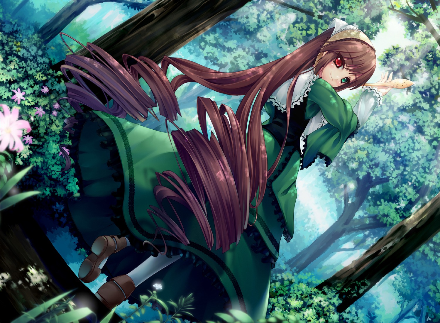 1girl asa_(swallowtail) blurry blurry_foreground blush brown_footwear brown_hair closed_mouth commentary_request dappled_sunlight day depth_of_field dress drill_hair dutch_angle flower forest frilled_dress frilled_sleeves frills green_dress green_eyes hairband head_scarf heterochromia image lolita_fashion long_hair long_sleeves looking_at_viewer looking_back nature outdoors pantyhose photoshop_(medium) pink_flower red_eyes ringlets rozen_maiden shoe_soles shoes smile solo standing suiseiseki sunlight tree very_long_hair walking watering_can white_legwear