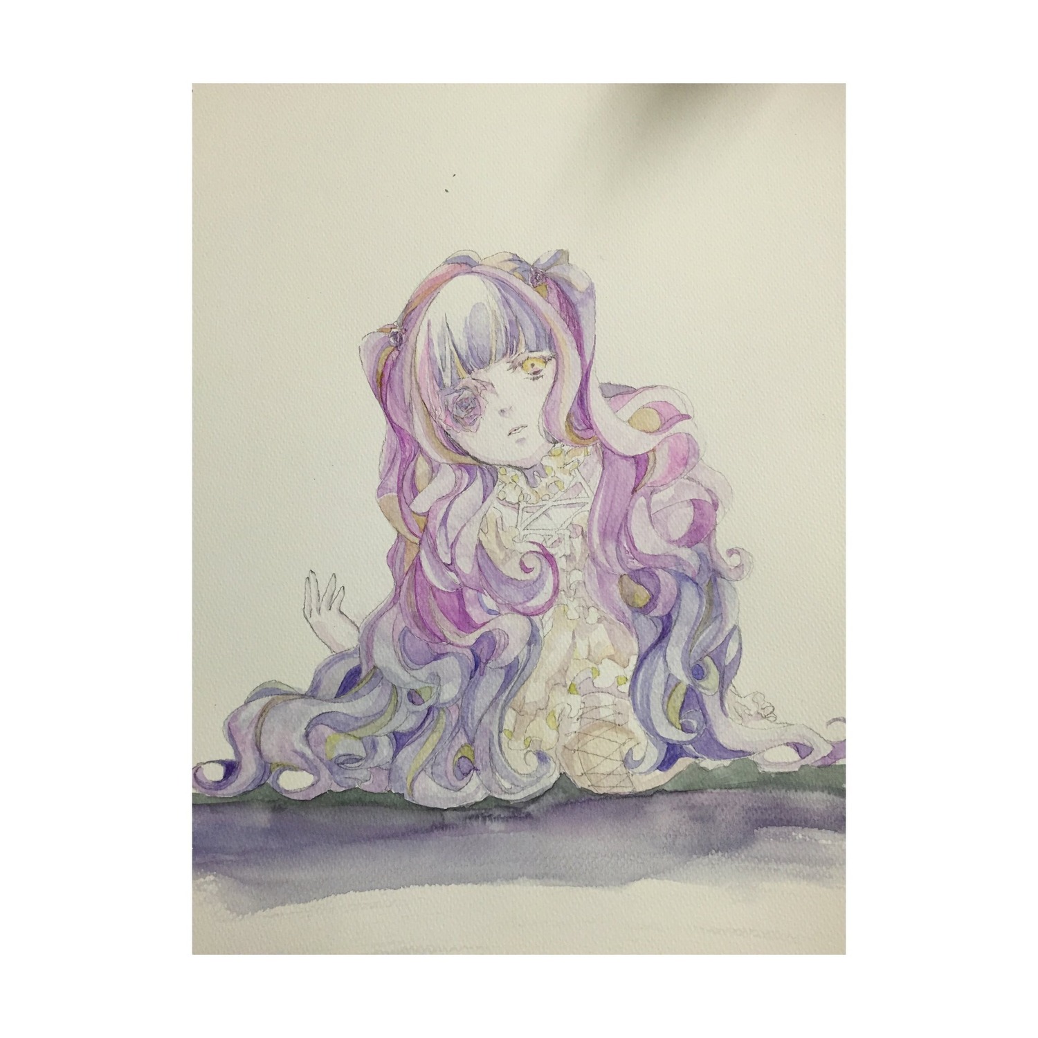 1girl dress image kirakishou long_hair looking_at_viewer pink_hair simple_background solo striped traditional_media very_long_hair watercolor_(medium) wavy_hair yellow_eyes