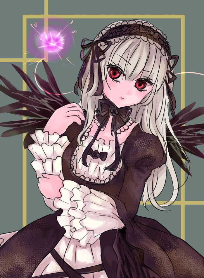 1girl black_dress black_wings closed_mouth detached_collar doll_joints dress feathered_wings flower frills hairband image joints lolita_hairband long_hair long_sleeves looking_at_viewer red_eyes ribbon silver_hair solo suigintou wings