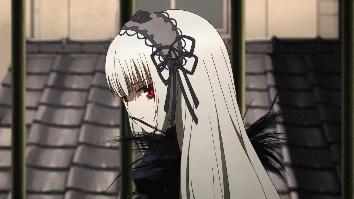 1girl bangs blurry blurry_background brick_wall depth_of_field eyebrows_visible_through_hair hairband image long_hair looking_at_viewer red_eyes silver_hair solo suigintou