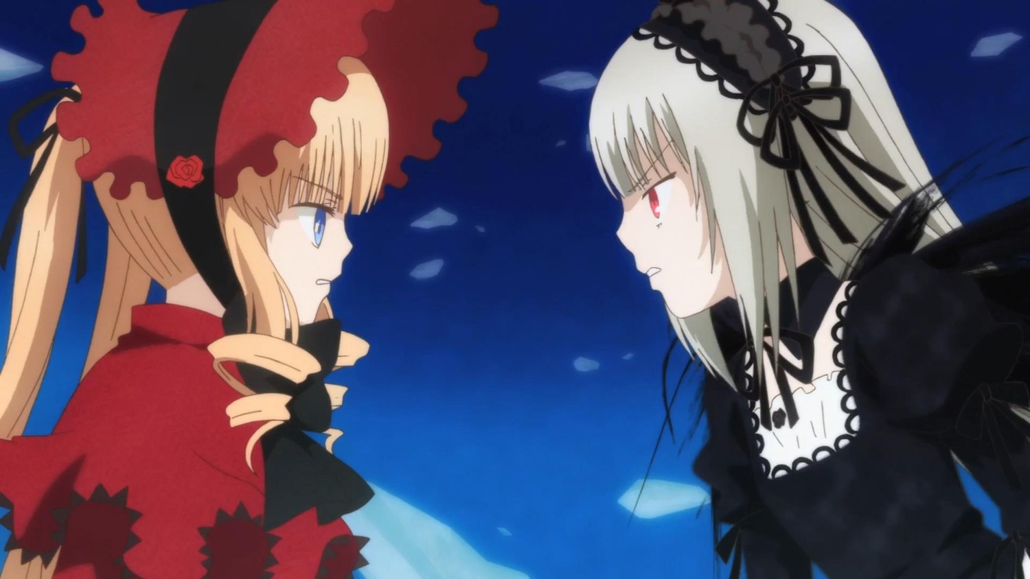 2girls blonde_hair blue_eyes bonnet dress drill_hair eye_contact face-to-face flower frills hairband image juliet_sleeves lolita_hairband long_hair long_sleeves looking_at_another multiple_girls pair petals profile red_eyes rose shinku silver_hair smile suigintou twintails wings yuri