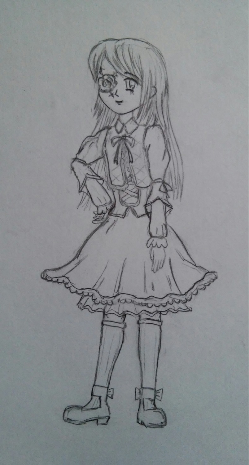 1girl dress frills full_body glasses greyscale image kirakishou kneehighs long_hair long_sleeves monochrome shoes sketch solo standing traditional_media