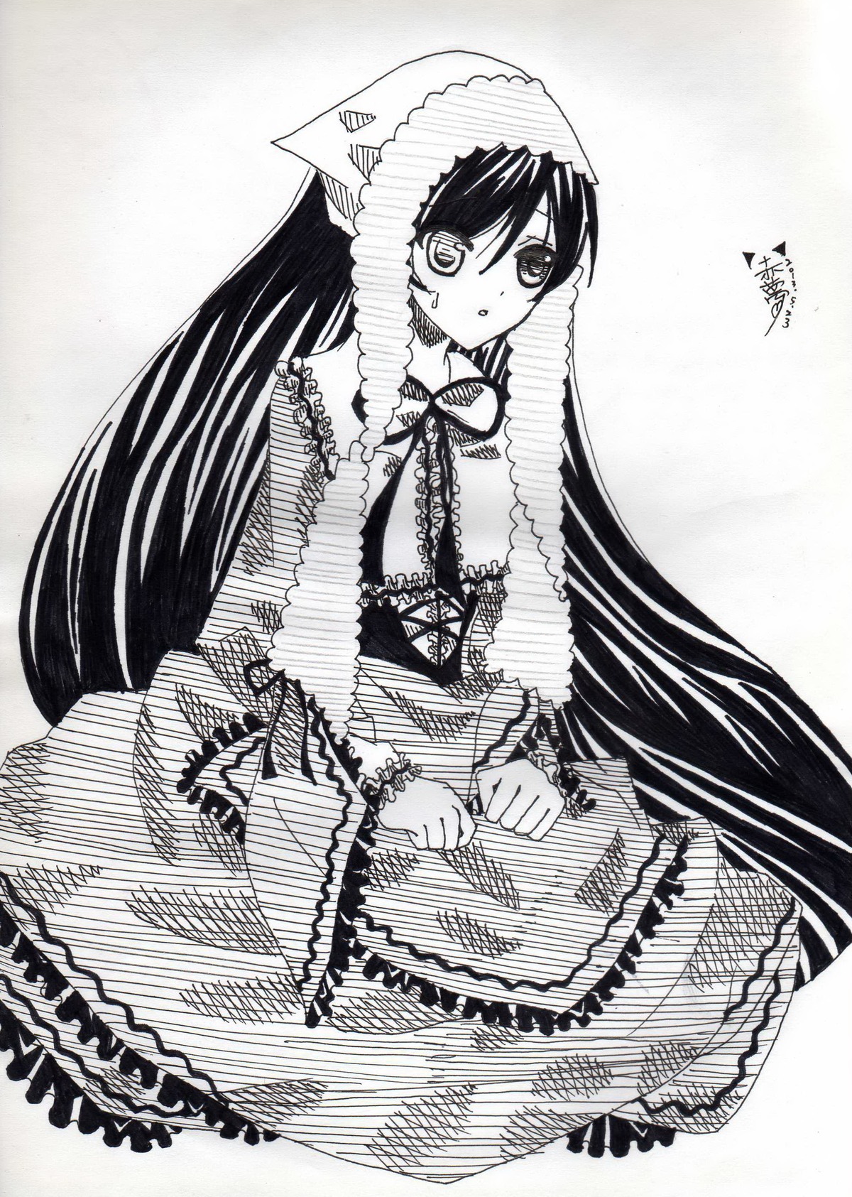 1girl dress frills full_body greyscale image long_hair long_sleeves looking_at_viewer monochrome ribbon solo standing suiseiseki very_long_hair