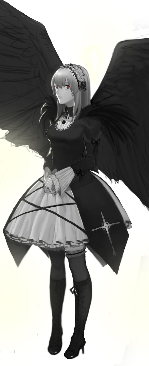 1girl bangs black_footwear black_wings boots closed_mouth dress feathered_wings full_body hairband image knee_boots long_hair long_sleeves looking_at_viewer monochrome red_eyes solo standing suigintou wings