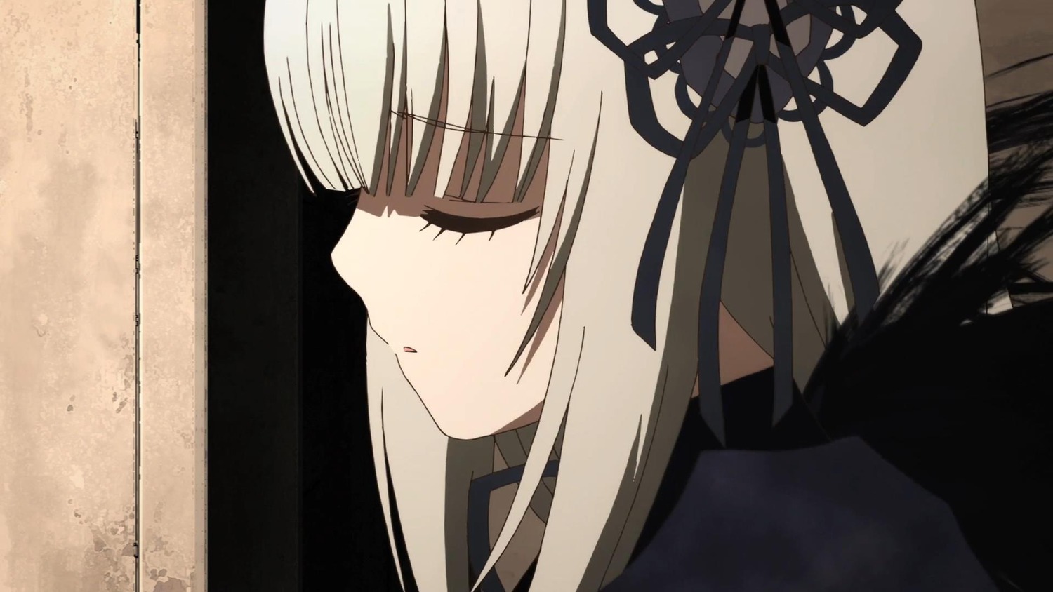 1girl bangs black_dress black_ribbon blush closed_eyes eyebrows_visible_through_hair from_side hair_ribbon image long_hair parted_lips portrait profile ribbon solo suigintou