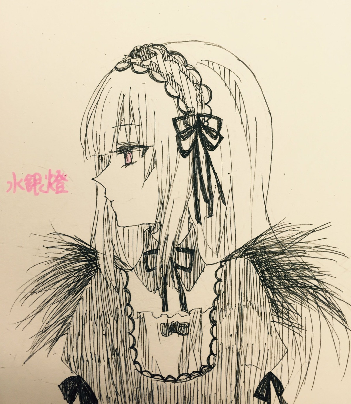 1girl bangs closed_mouth detached_collar dress eyebrows_visible_through_hair hairband image long_hair monochrome ribbon solo suigintou traditional_media upper_body