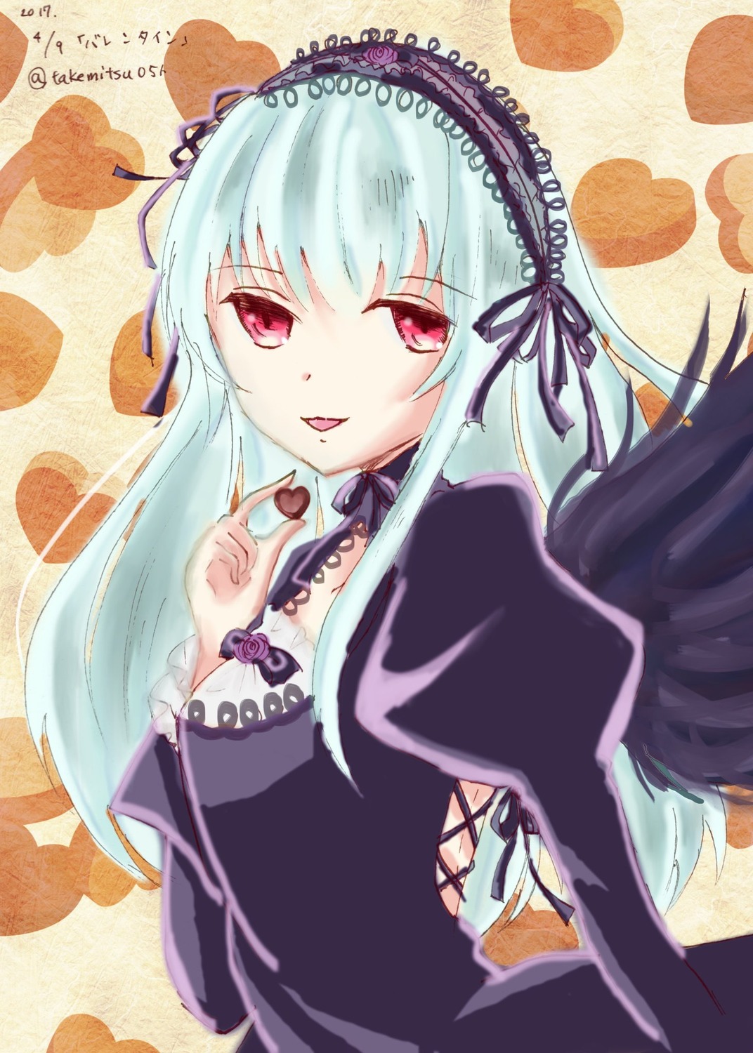 1girl black_wings blue_hair dress food gothic_lolita hairband heart image lolita_fashion lolita_hairband long_hair looking_at_viewer red_eyes ribbon solo suigintou wings