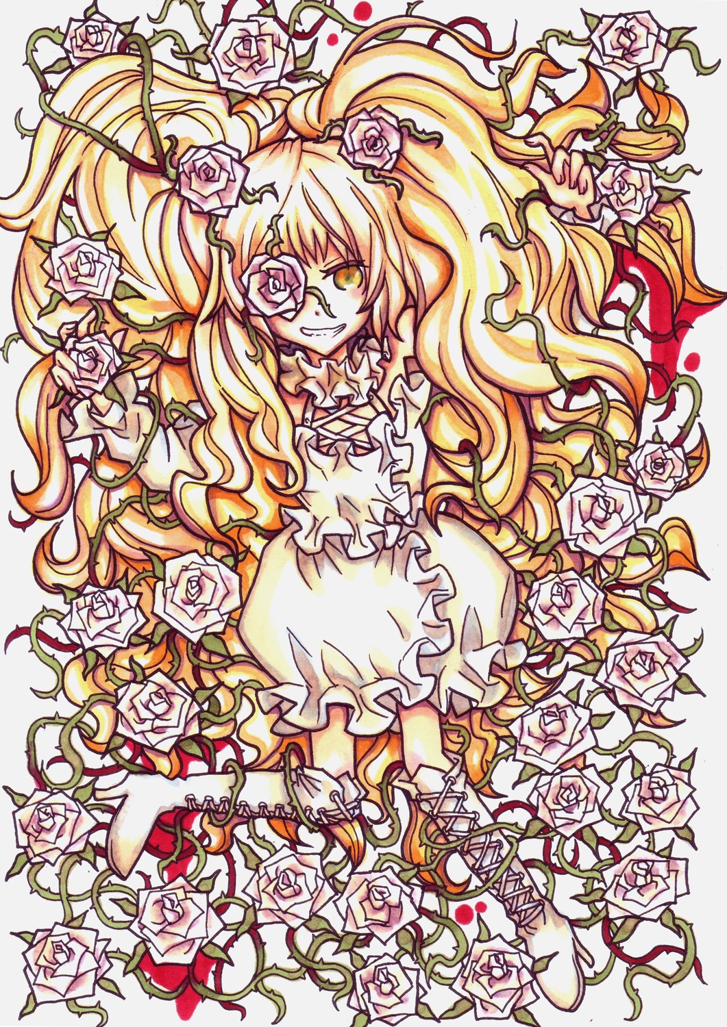 1girl blonde_hair eyepatch flower image kirakishou long_hair pink_flower pink_rose plant purple_rose rose smile solo thorns two_side_up vines white_flower white_rose yellow_eyes yellow_flower yellow_rose