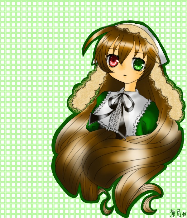 1girl brown_hair dress frills green_background green_dress green_eyes head_scarf heterochromia image long_hair long_sleeves looking_at_viewer plaid_background red_eyes solo suiseiseki very_long_hair