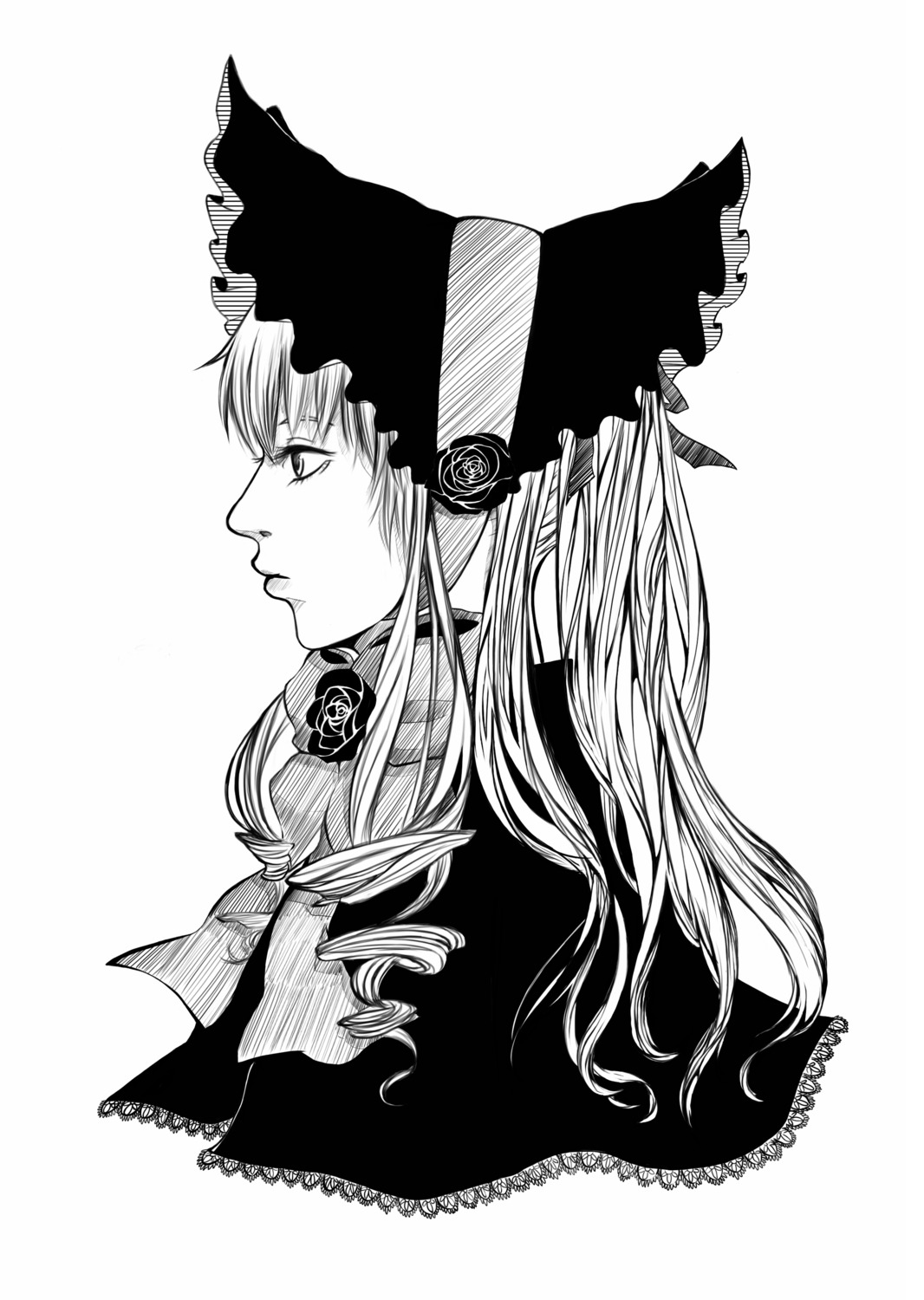 1girl bonnet bow frills from_side greyscale hat headphones image long_hair monochrome profile ribbon shinku simple_background solo striped white_background