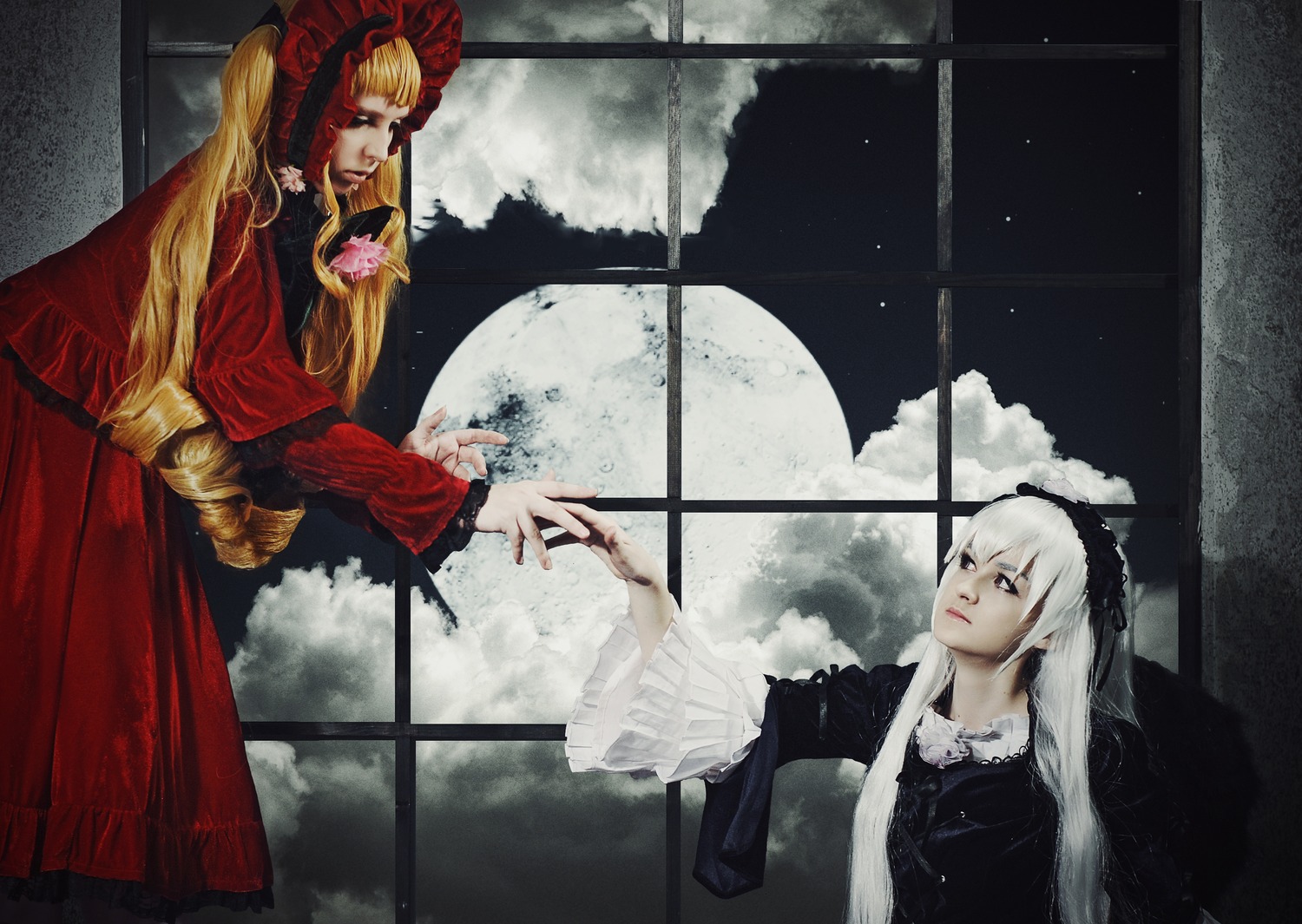 2girls blonde_hair curtains dress flower indoors long_hair moon multiple_cosplay multiple_girls night outstretched_hand shinku sky tagme very_long_hair white_hair window