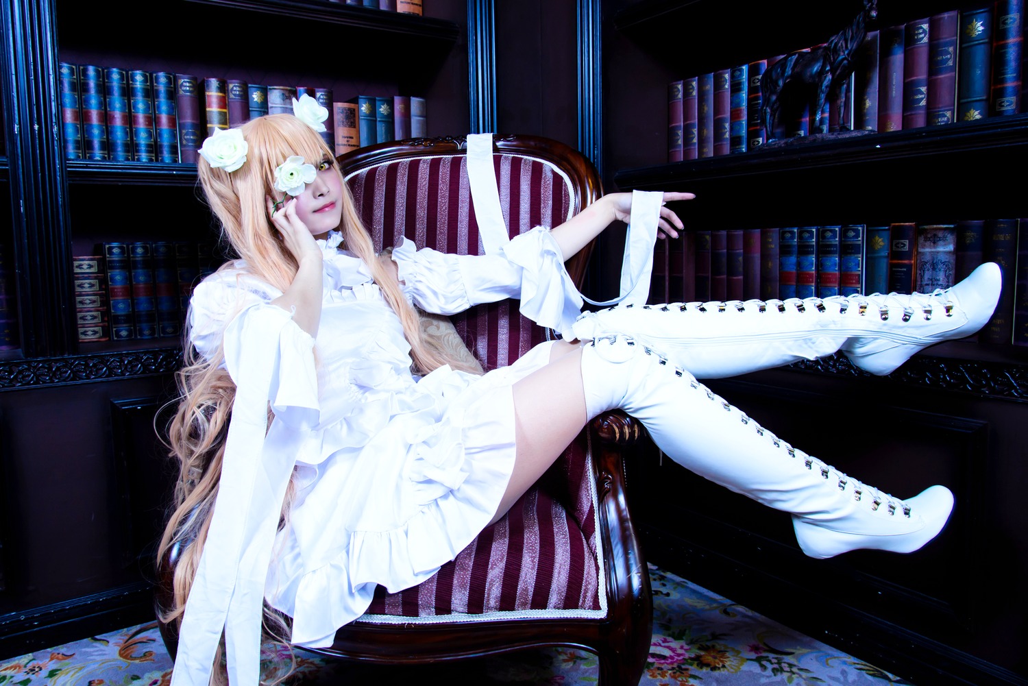 1girl blonde_hair book bookshelf dress indoors kirakishou library long_hair sitting solo white_dress