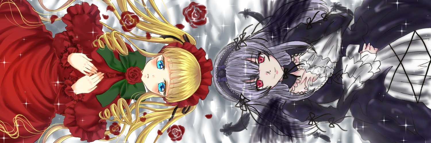 2girls blonde_hair blue_eyes bow dress drill_hair flower frills image long_hair long_sleeves looking_at_viewer multiple_girls pair red_eyes red_flower rose shinku silver_hair suigintou twintails