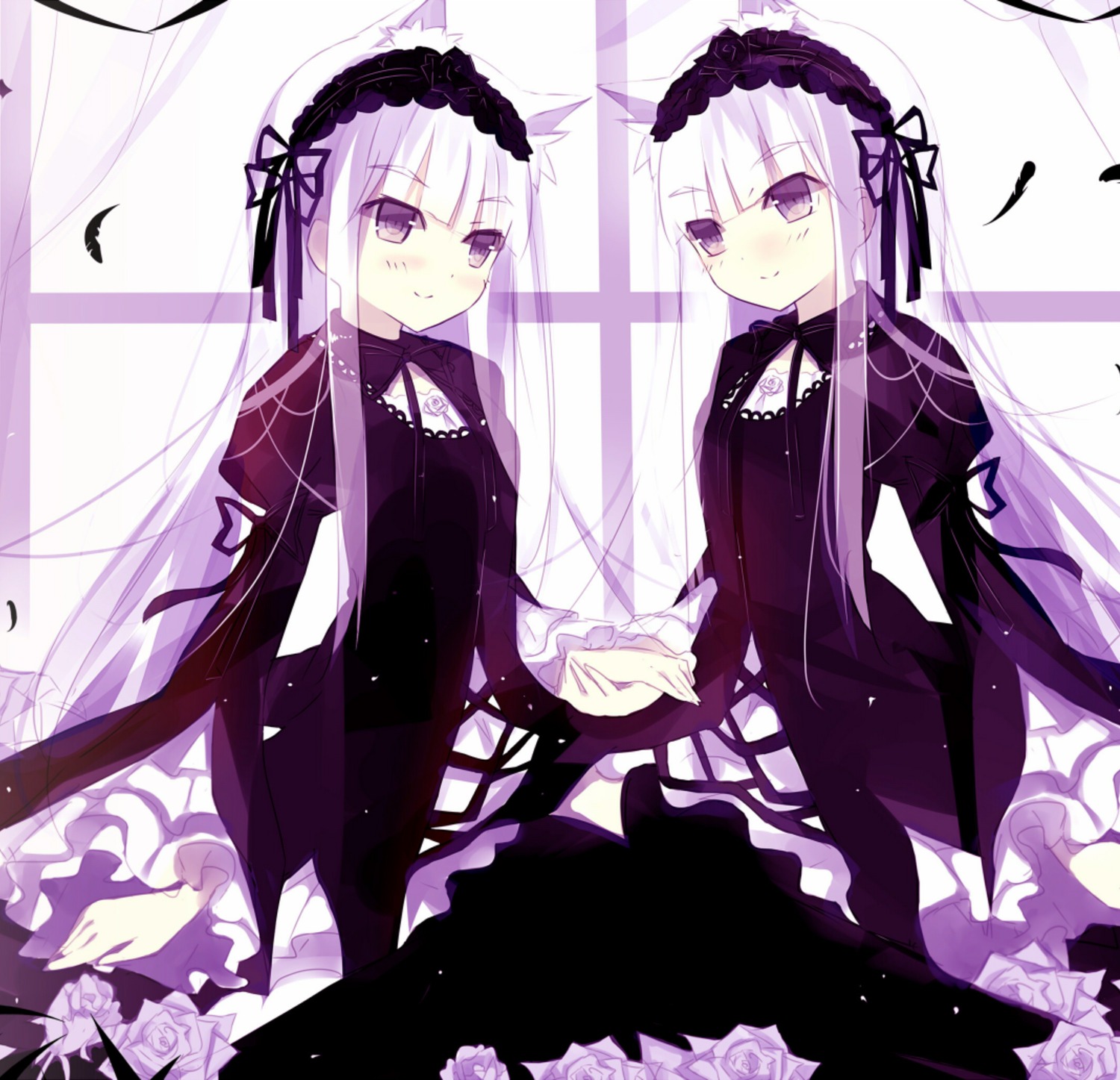 2girls blush dress feathers flower frills gothic_lolita hairband image lolita_fashion lolita_hairband long_hair long_sleeves looking_at_viewer multiple_girls purple_eyes rose silver_hair smile solo suigintou wings