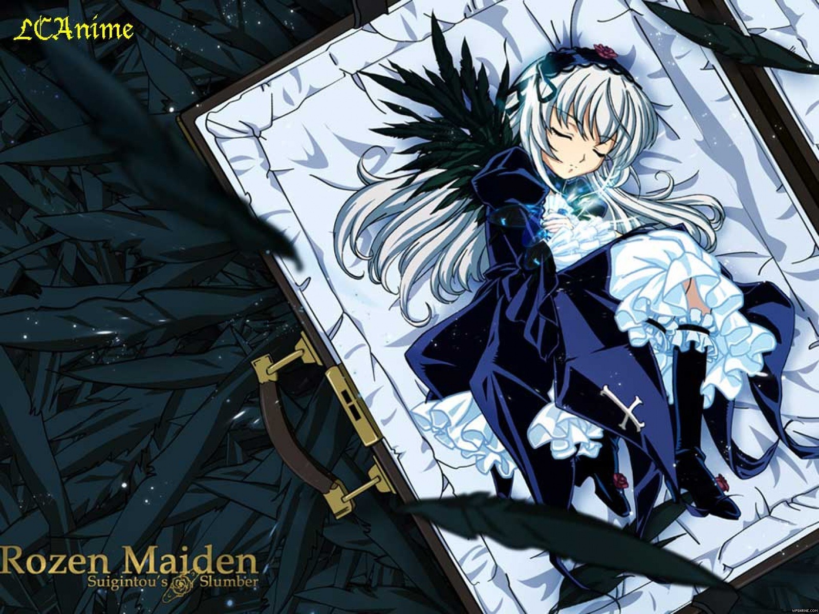 1girl black_wings closed_eyes dress frills hairband image long_hair long_sleeves lying ribbon rose silver_hair sleeping solo suigintou weapon wings