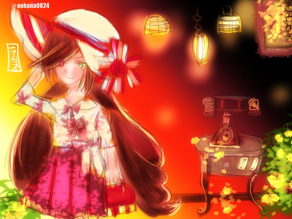 1girl bag blonde_hair dress flower green_eyes hair_over_one_eye hand_on_headwear hat hat_ribbon image lantern long_hair ribbon smile solo suiseiseki sun_hat very_long_hair