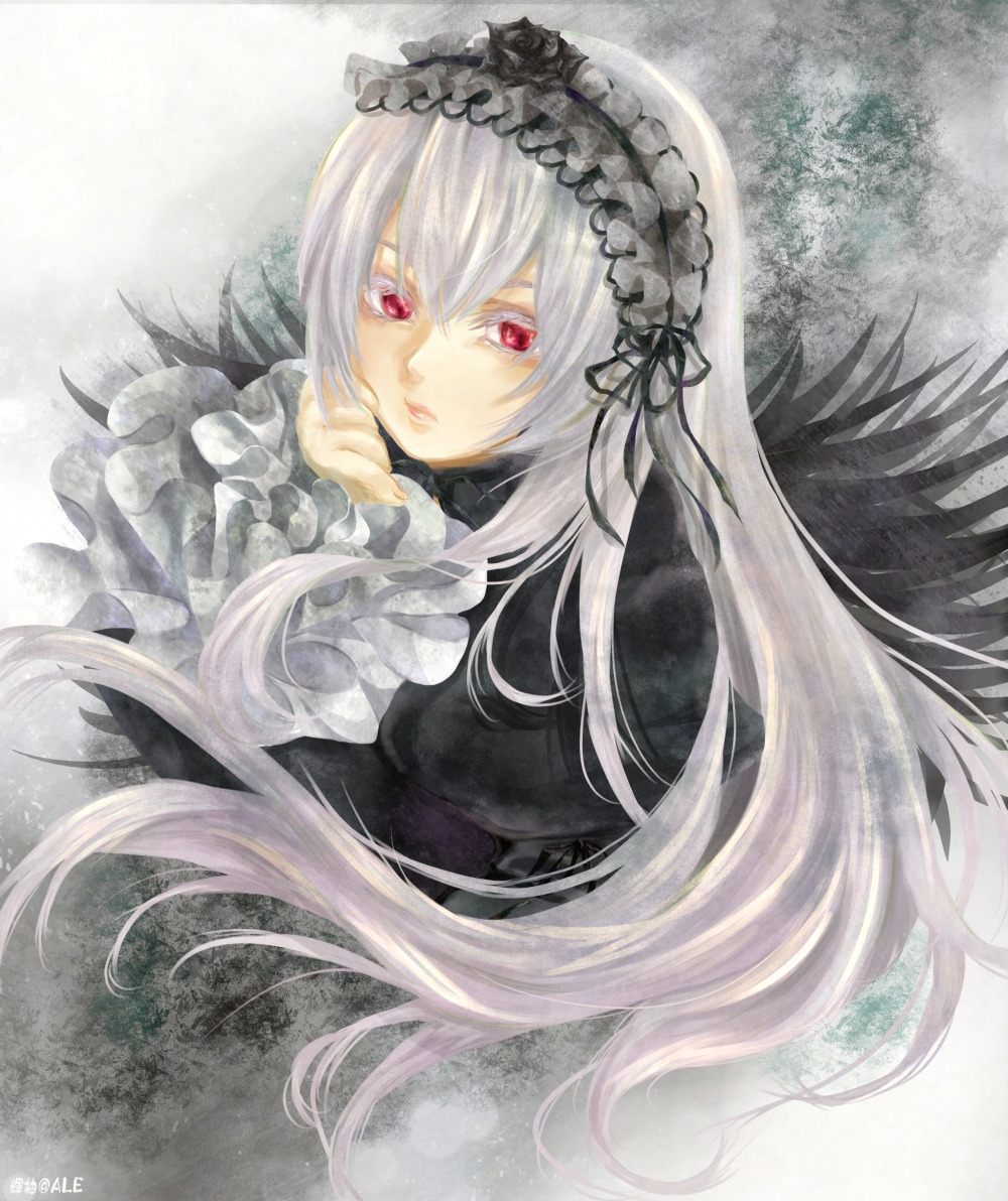 1girl bangs black_dress dress frills hairband image long_hair long_sleeves looking_at_viewer red_eyes silver_hair solo suigintou very_long_hair