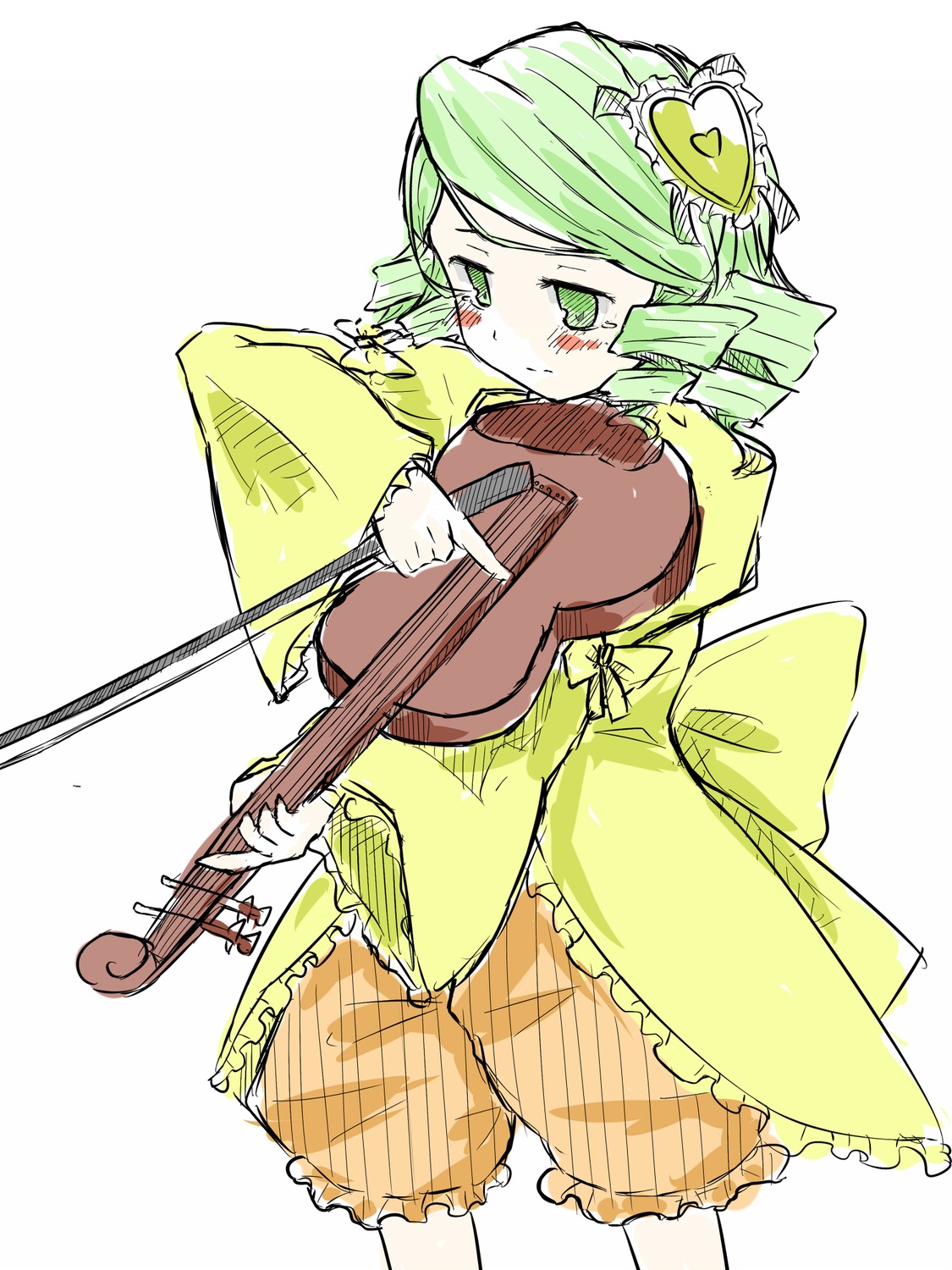 1girl blush electric_guitar green_eyes green_hair guitar hair_ornament heart holding_instrument image instrument kanaria long_sleeves looking_at_viewer music musical_note playing_instrument solo violin wide_sleeves