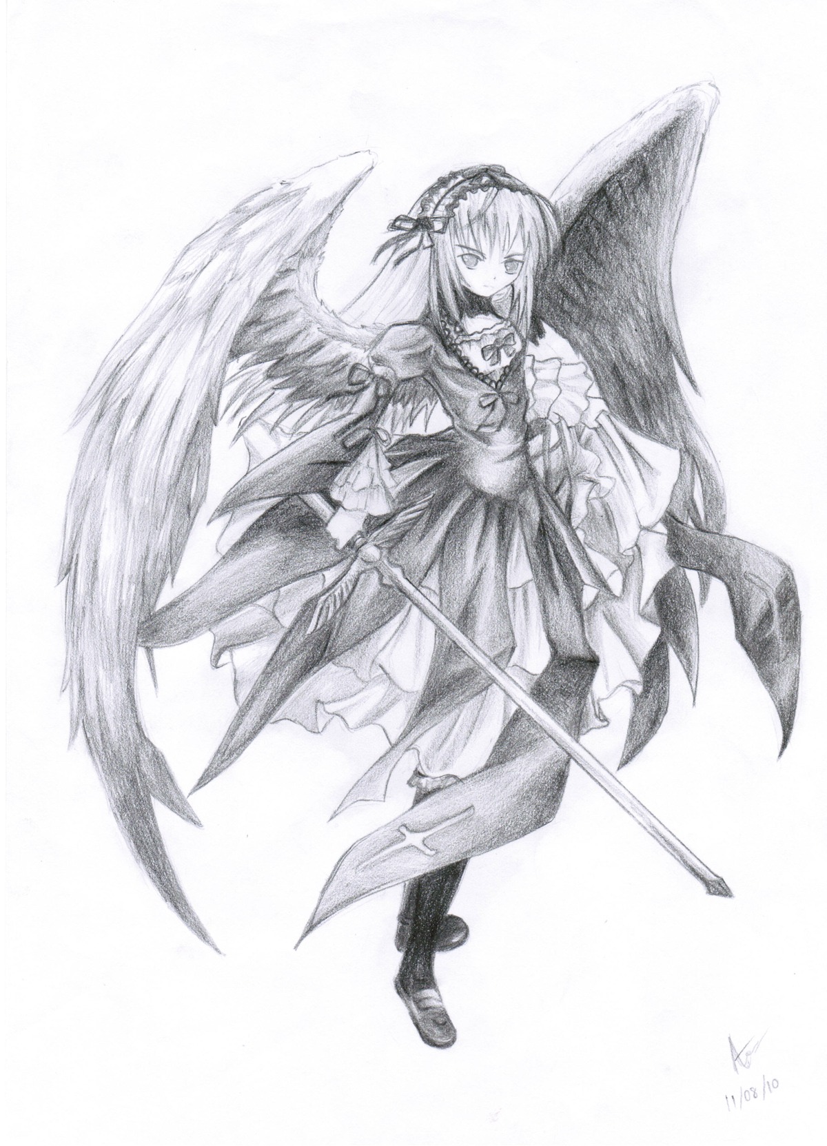1girl auto_tagged boots dress feathered_wings frills full_body greyscale hairband holding_weapon image long_hair long_sleeves looking_at_viewer monochrome rose solo striped suigintou sword weapon wings