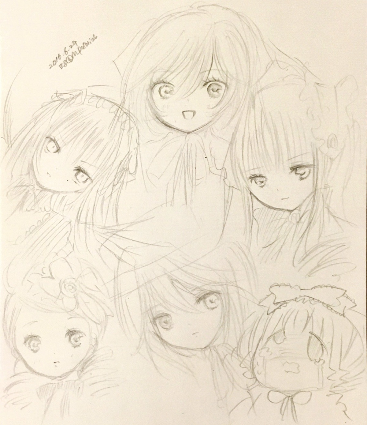 :d blush hair_ornament image long_hair maid_headdress monochrome multiple open_mouth sketch smile tagme