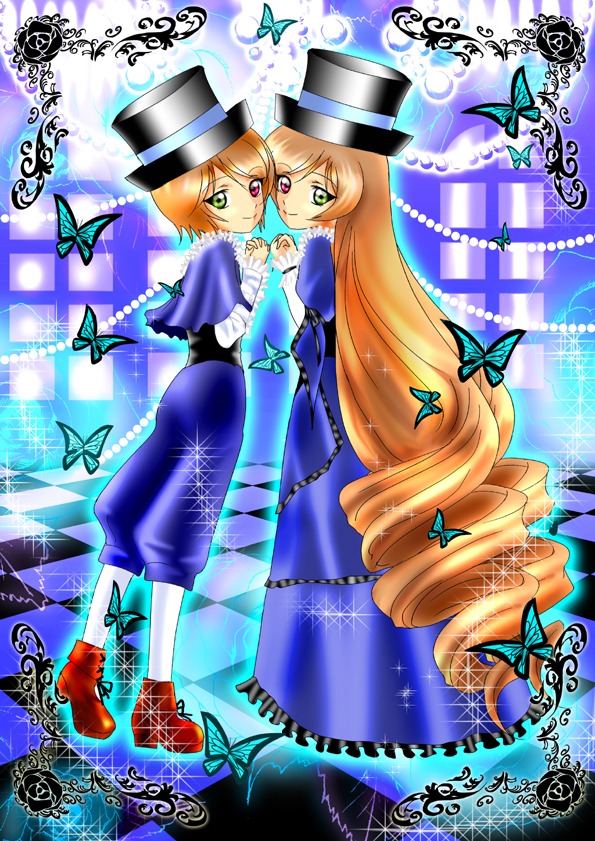 2girls blonde_hair blue_butterfly bug butterfly butterfly_hair_ornament butterfly_print butterfly_wings dragonfly dress dual_persona frills green_eyes hat heterochromia holding_hands image insect long_hair multiple_girls pair red_eyes souseiseki spider squiggle suiseiseki top_hat twins