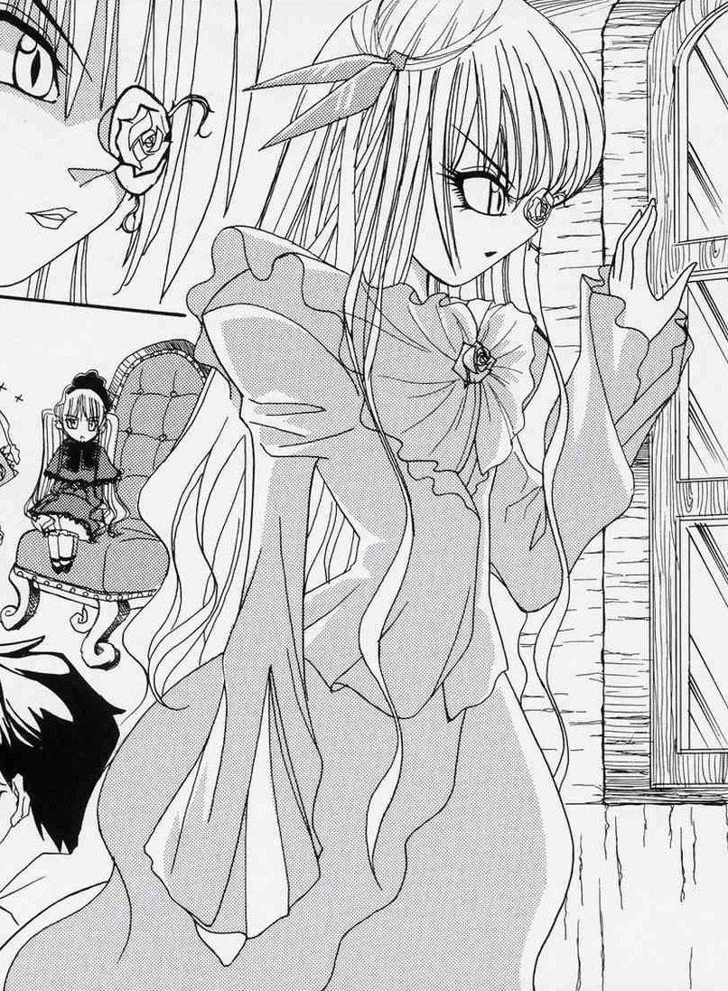 barasuishou bonnet comic dress glasses greyscale image long_hair long_sleeves monochrome multiple_girls shinku sitting solo suigintou